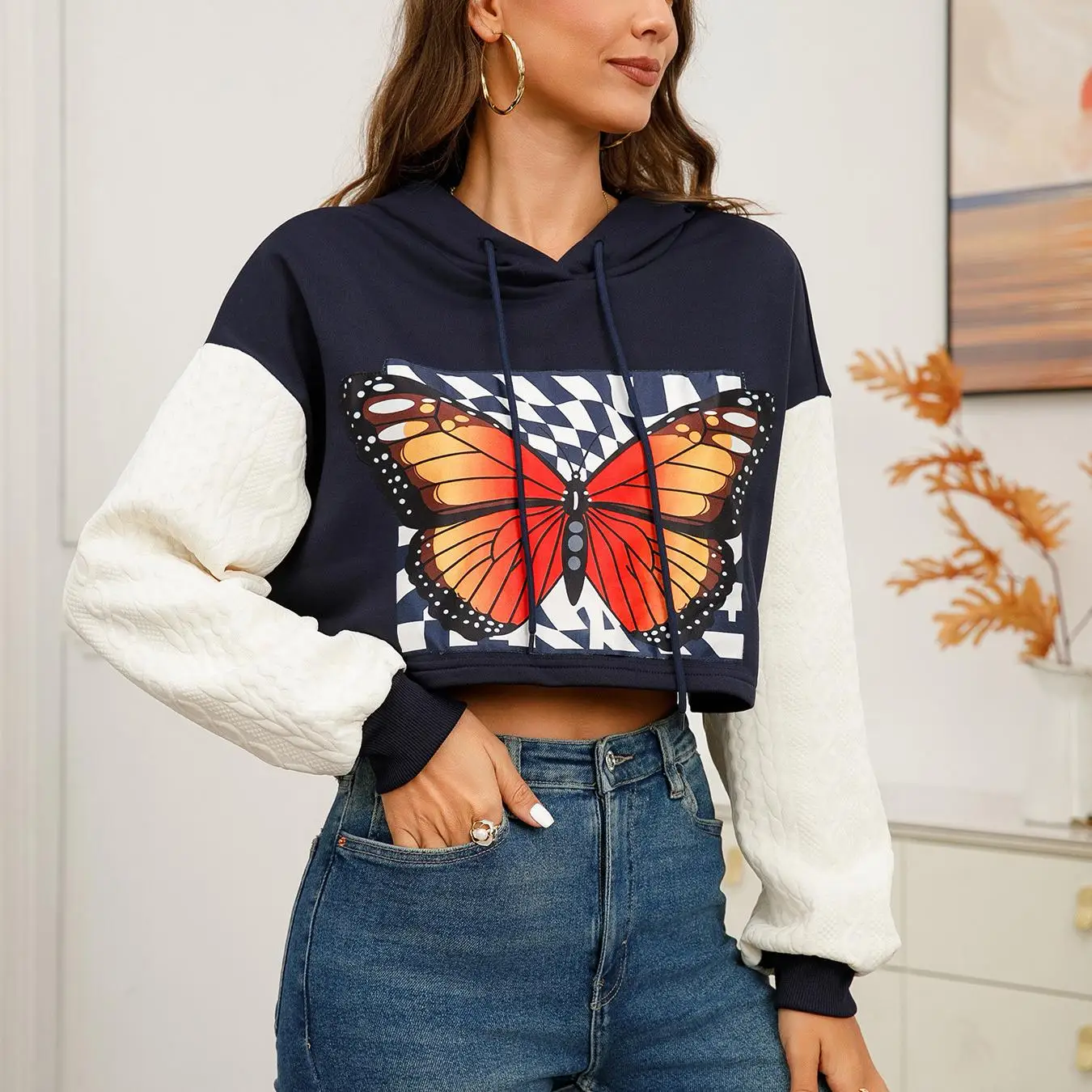 Customize Casual Autumn Winter Long Sleeve Drawstring Oversized Printed Animal Butterfly Hoodies Cropped Top For Women Wholesale