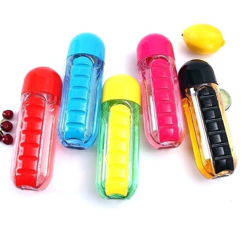 2 in 1 600ml 7 Grids Medicine Box Water Cup Sports Plastic Water Bottle Combine Daily Pill Boxes Organizer Drinking Bottles