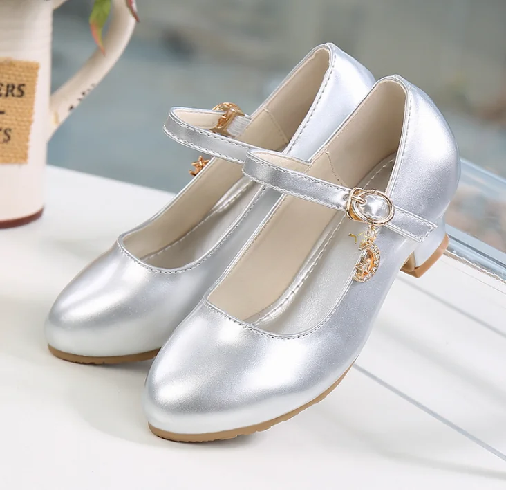 2024 Spring and autumn high heel Children princess leather shoes PU 3CM heel casual black red girls fashion Wedding Party shoes