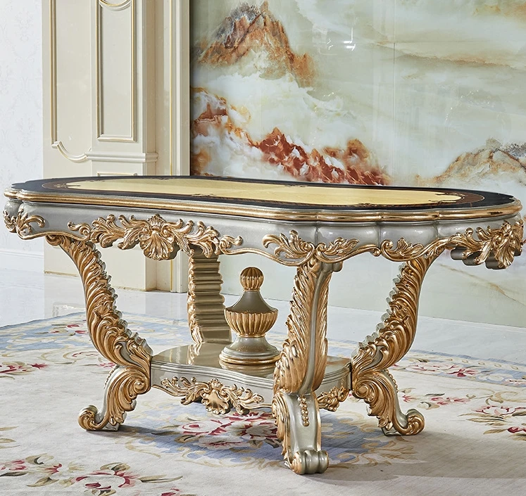 European Antique Home Furniture Luxury Wooden Dining Table 6-8 Chairs Hand Carved Gold Dining Set