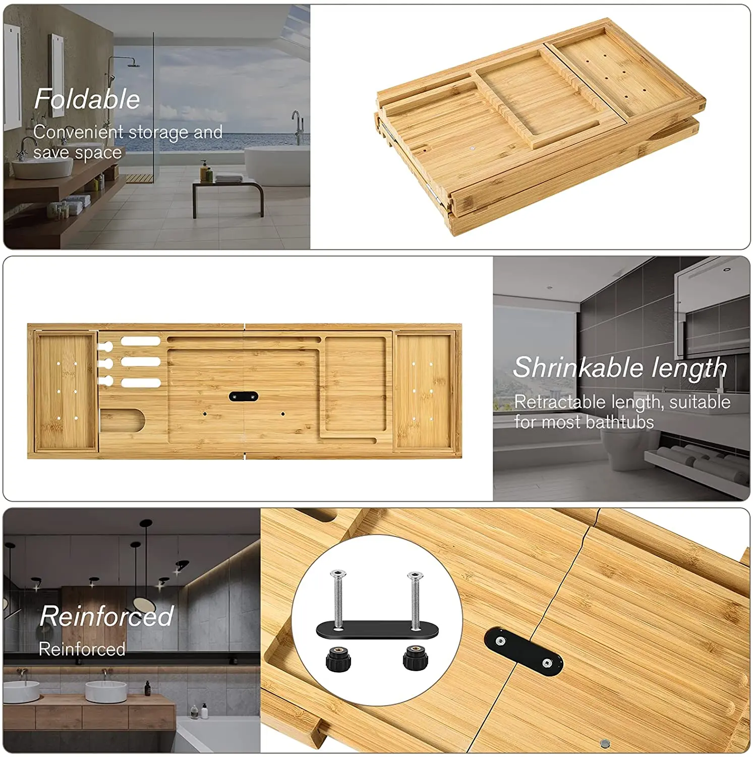 Wholesale Foldable Expandable Bamboo Bath Caddy Tray for Bathtub