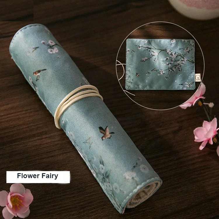 Chinese vintage painting style pencil roll wrap holder high quality pen pouch case