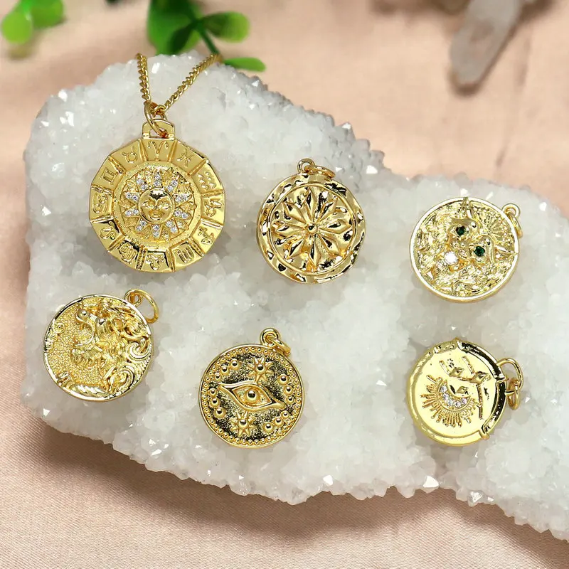 Gold Coin Charm Pendants, Rustic Medallion Ancient Coins, Snowflake/Lion/Dragon/Sun Pattern Necklace Pendant