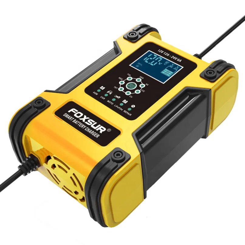  Последняя Foxsur 12V 12A - 24V 6A 7-ступенчатая свинцово-кислотная батарея AGM LiFePo4 литиевая мотоциклов зарядное устройство для автомобильного