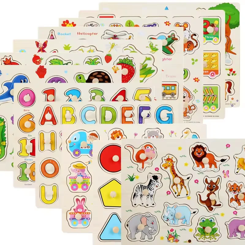Wooden alphanumeric montessori toys early education toys hand grasping jigsaw animal fruit cognitive puzzle board  for toddles