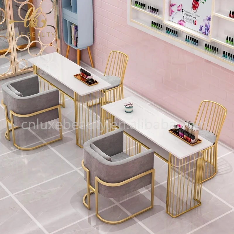 Nordic Marble Modern Popular Nails Table And Grey Chair Salon Furniture Manicure Tables Gold Metal Frame Nail Table Set Cheap