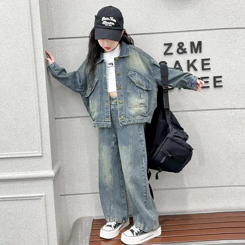 New Design Spring Autumn Girls Cowboy Sets Fashion Lapel Cowboy Coat Wide Leg Pants Sets