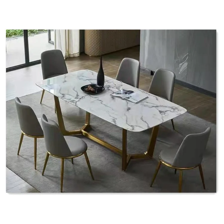 Metal frame and marble dining table stainless steel dining table set Foshan furniture a table 8 chairs