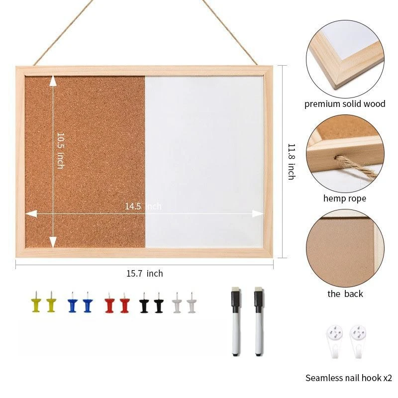 Magnetic Wooden Framed Half Cork Bulletin Board Half Whiteboard Combination Board For Hang Wall