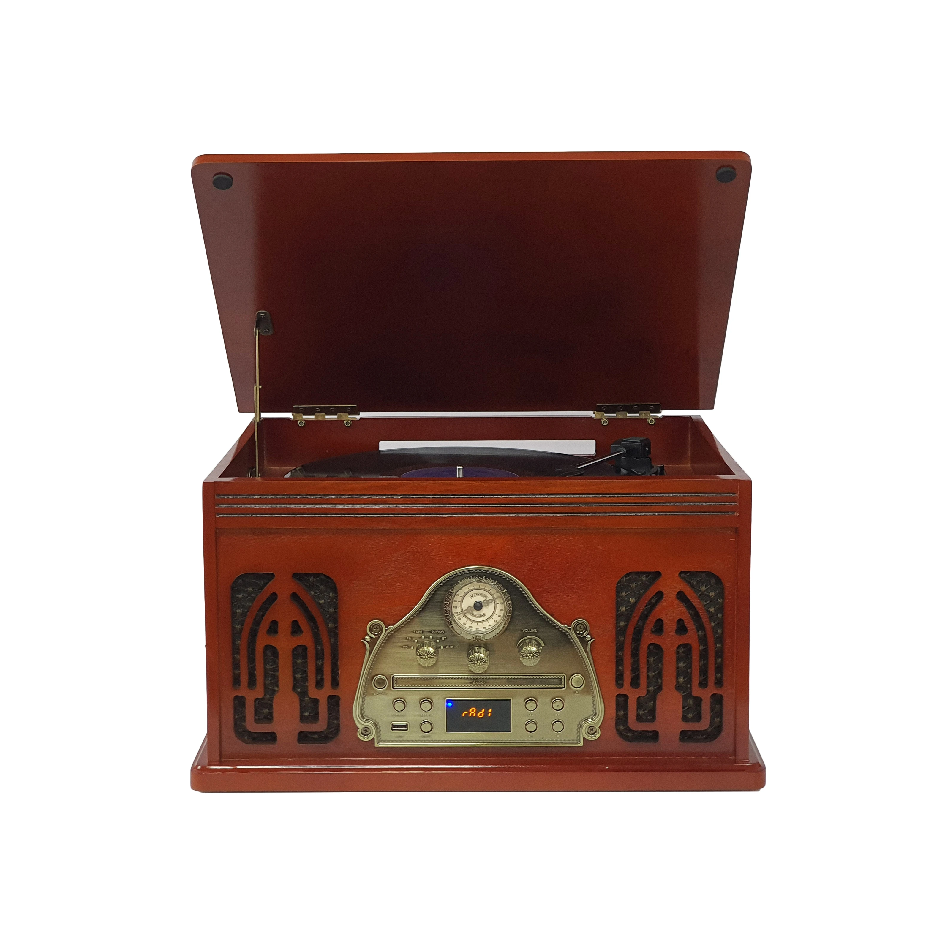High Quality Retro Vinyl Turntable Player Wooden Case Record Player with BT/CD/Cassette/FM/USB