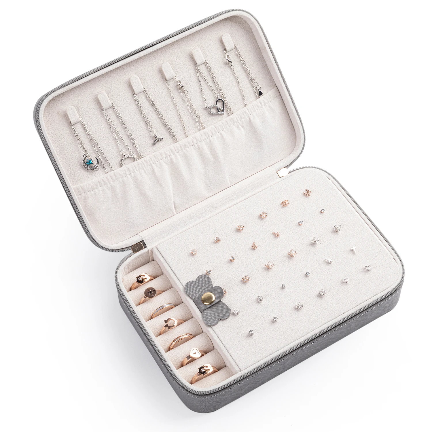 Custom Logo PU Leather small Storage Jewelry gifts Box velvet linner travel jewelry case with zipper for organization