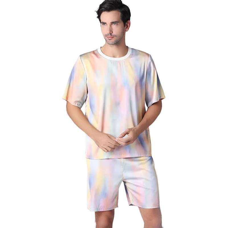 
2020 Summer Cozy Cool Feeling Silk O-Neck Woven 2 Piece Sleepwear Rainbow Color Print Men Pajamas Set 