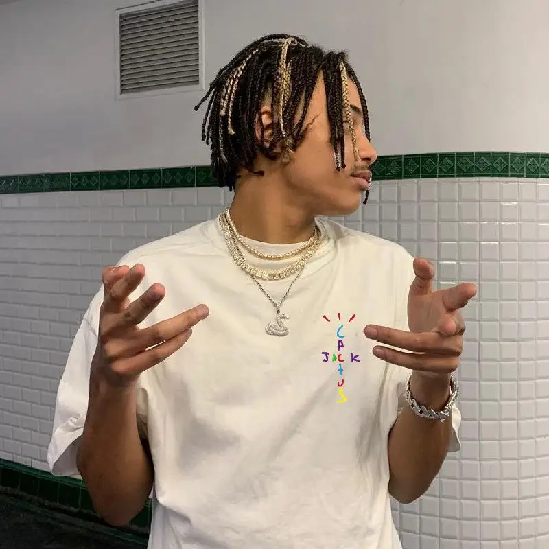 Rapper Cactus Jack Rainbow Alphabet Print T-shirt Hip Hop Quality Cotton Short Sleeves Men Wome Oversized Tops