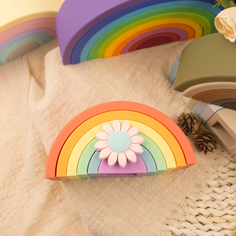 Educational Infant Kids Soft Rainbow Stack Toys Silicone Building Blocks Toys Baby Stacking Silicone Baby Toy Set