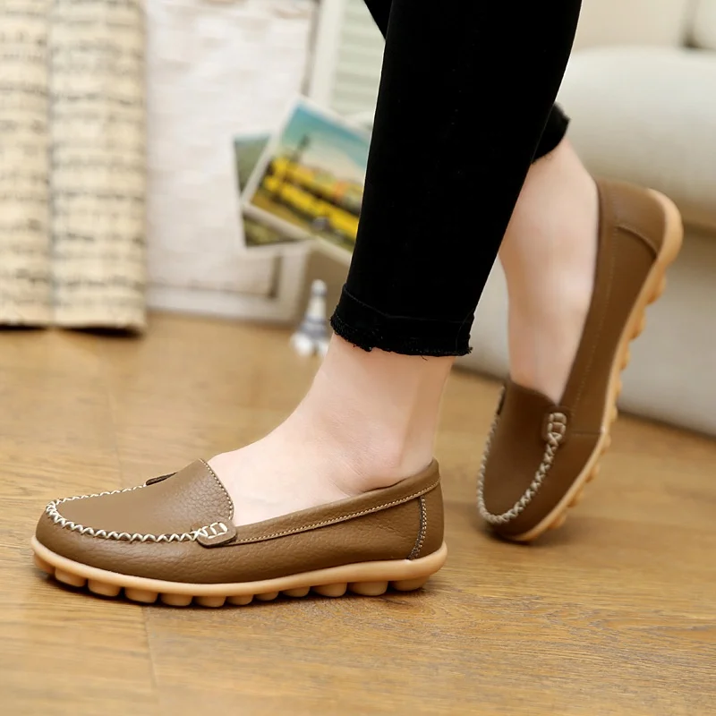 Brand Genuine Leather Shoes Woman Cutout Loafers Slip On Breathable Ballet Flat Ballerina Flats