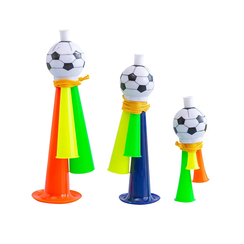 Custom Logo Mini Plastic Football Match Fan Horn Soccer Shape Three Tubes Vuvuzela Noise Game Party Sports Toy Cheering Horn