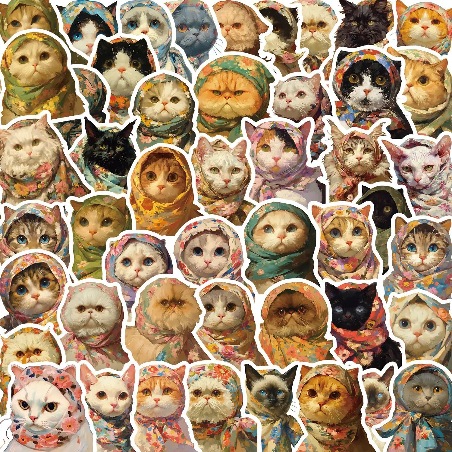 50Pcs Art Painting Cat with Head Scarf Graffiti Stickers For Bottle Laptop Decor Oil Painting Kitty Sticker