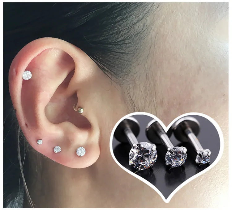 Stainless Steel Gold Plated Pierced Ear Lip Labret Studs Helix Ear Flat Back Zircon Earring Tragus Cartilage Piercing Jewelry
