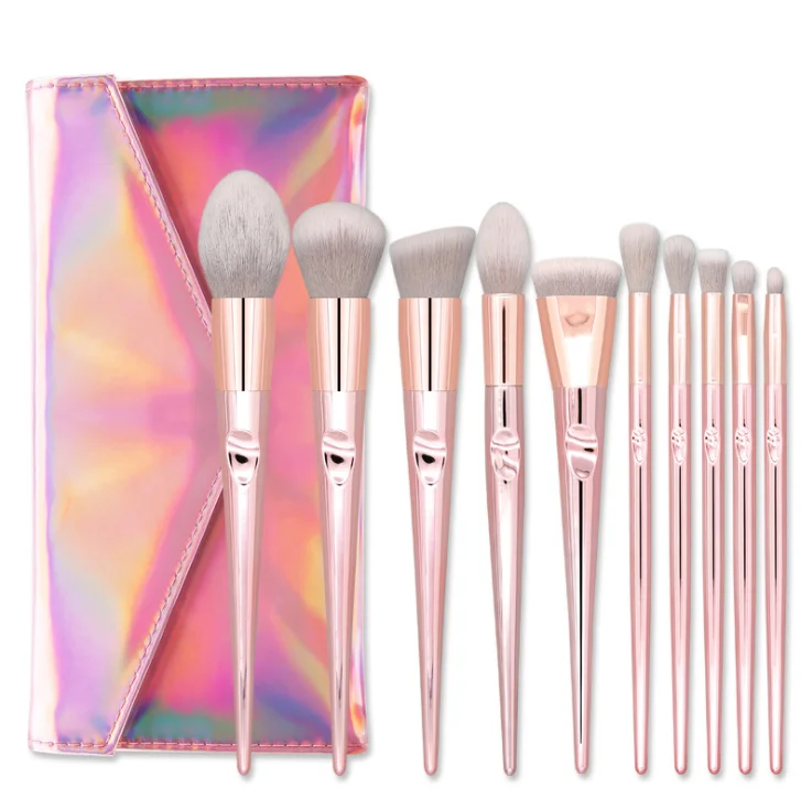 10PCS Portable Aluminum Handle Makeup Brushes For Pink Laser Bag Thumb Makeup Kit