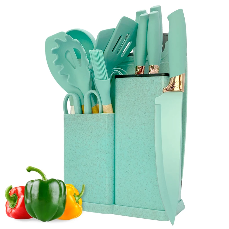 Factory OEM Hot Selling Product 19 Pieces Silicone Kitchen Utensils Set & Kitchen Knives With Chopping Board Kitchen Accessories