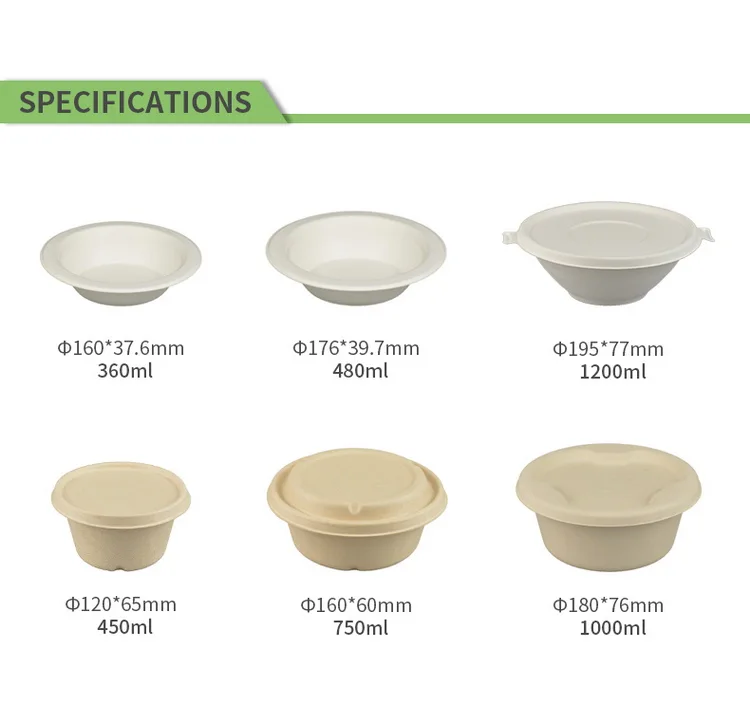 Eco friendly disposable bagasse sugarcane pulp 500ml 32oz soup salad sweet noodle rice food to go kraft paper bowls container