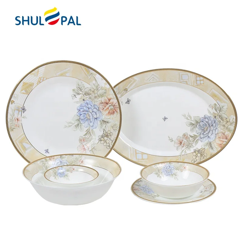 27 Pcs Opal Glass Dinner Set Luxury Gold Decorative Arabic Dinner Tableware Dinnerware Set
