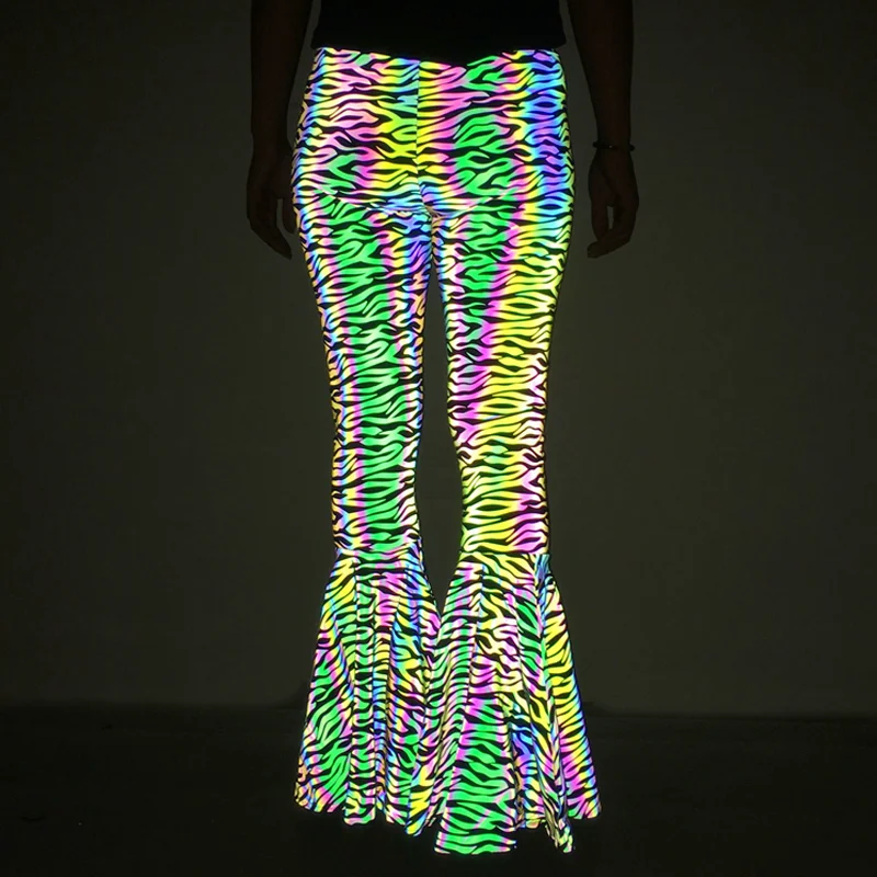 female boutique high waist elastane spandex iridescent reflective zebra pattern print skin tight bell-bottom flared trousers