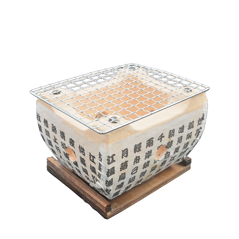 Japanese Tabletop Shichirin Konro Charcoal Grill with Wire Mesh and Wooden Base Hibachi Style Yakiniku