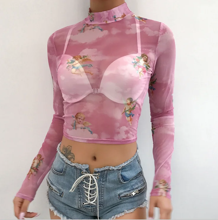 
Wholesale Angel Print Black Mesh Crop Top Long Sleeve T-shirt Sexy Womens Streetwear Tops 