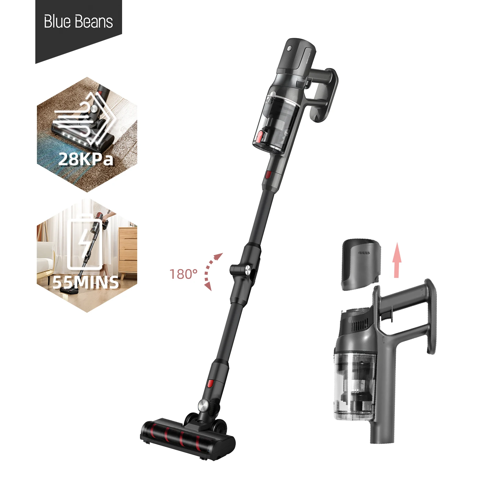 household 3 in 1 powerful motor super suction 28Kpa cyclone bagless upright cordless stick dry vacuum cleaner for home