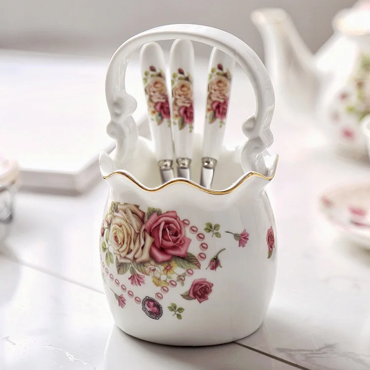 Funky Fairy Gold Trim European Send Vase Pink Flower Ceramic Coffee Tea Sets Cup Saucer Pot Gift Set With Sugar Bowl Shelf