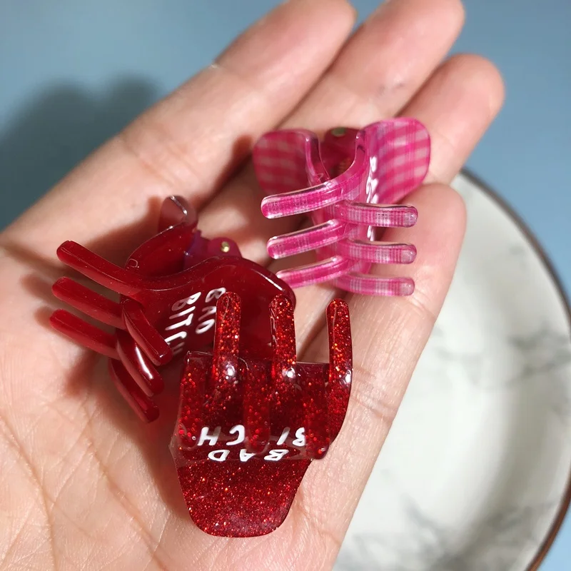 Ins beauty mini plastic acrylic sparkle glitter hair claws clip with letters and cherry crystal sweet hair accessories