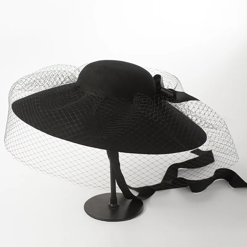 black Womens Wool Felt Floral Veil Netting Feather Wide Brim Derby Hat