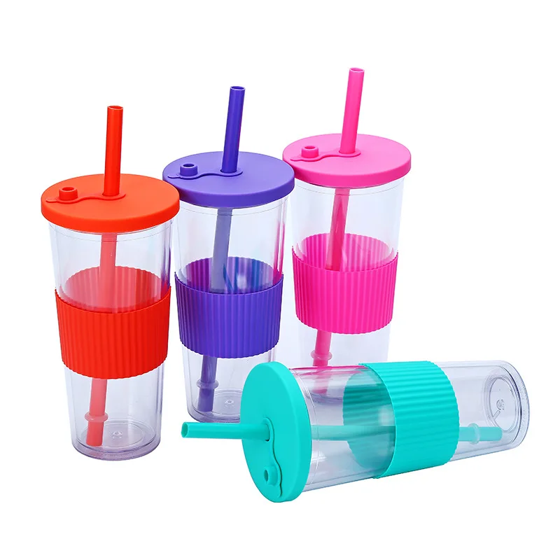 Wholesale Portable Double-layer Plastic Cup With lid and straw AS 24oz  Various color Large hole universal drink sports cup