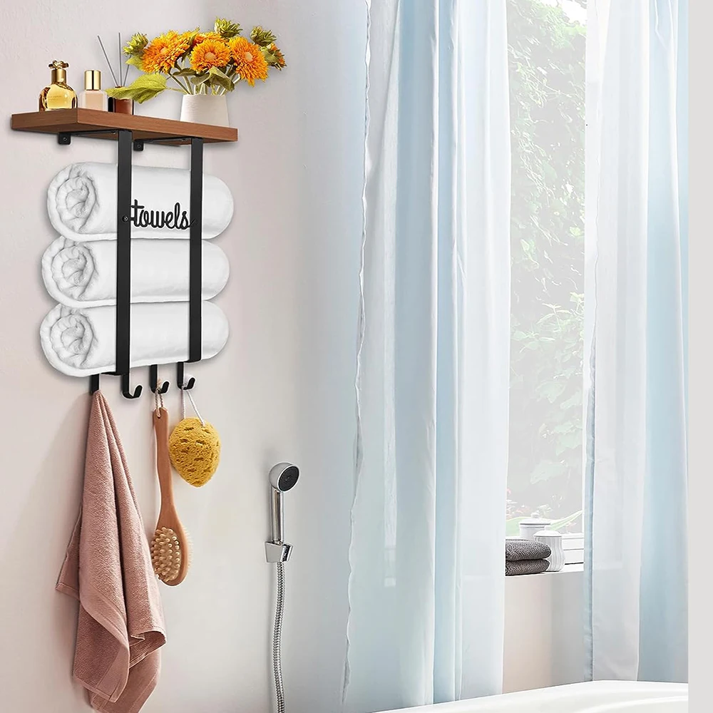 Towel Holder Bathroom Storage with Wooden Shelf and 4 Hooks Rack Wall Mounted for Rolled Towel Organizer