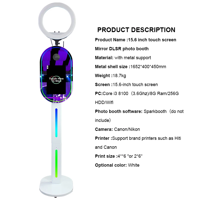 Supplier Customized 13.3 15.6 40 65 70Inch Selfie Oval Magic Mirror Con Camara Self Service Photobooth Selfie Photo Booth Mirror
