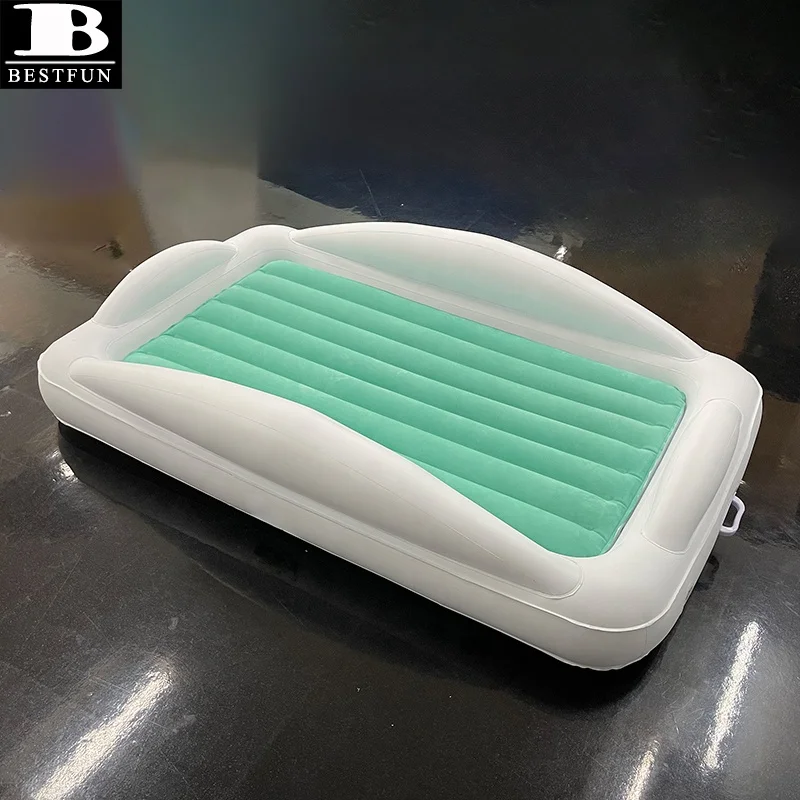premium downy flocking surface inflatable toddler travel bed with 4-sided safety bumpers folding portable infant air mattress