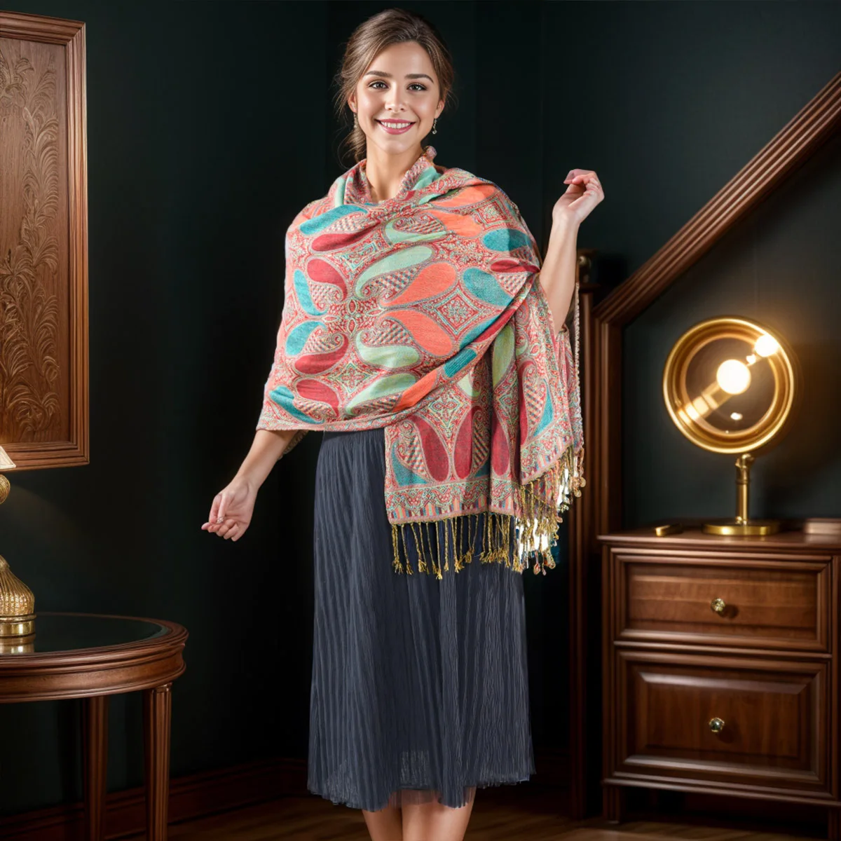Bohomonde pashmina shawl with tassel Indian floral paisley cashmere scarf nepal poncho for women