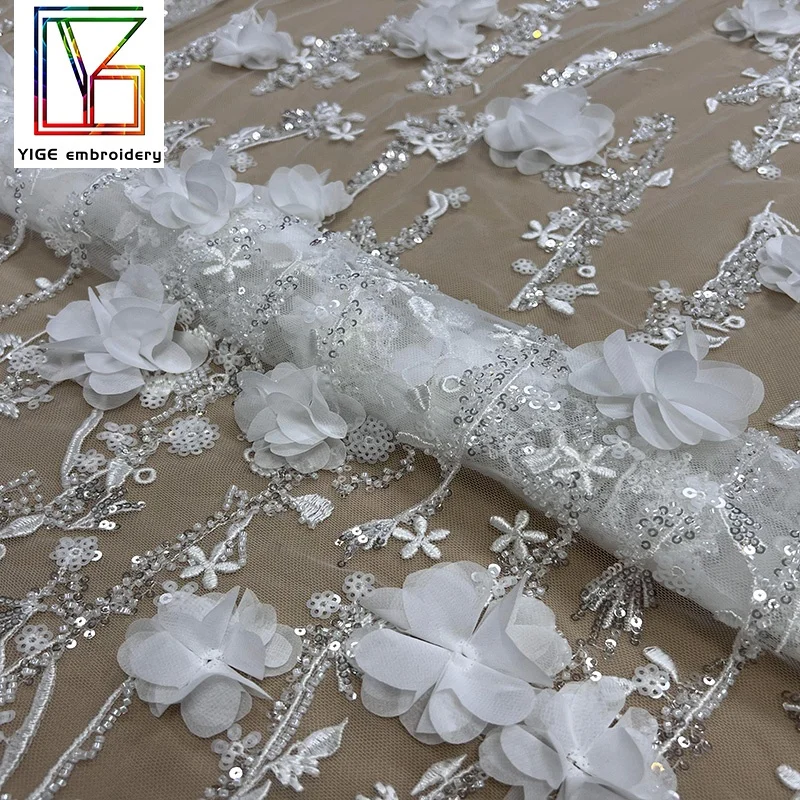 luxury french lace fabric with embroidery and sequin white mesh tulle beaded 3d floral lace fabric embroidery for dresses