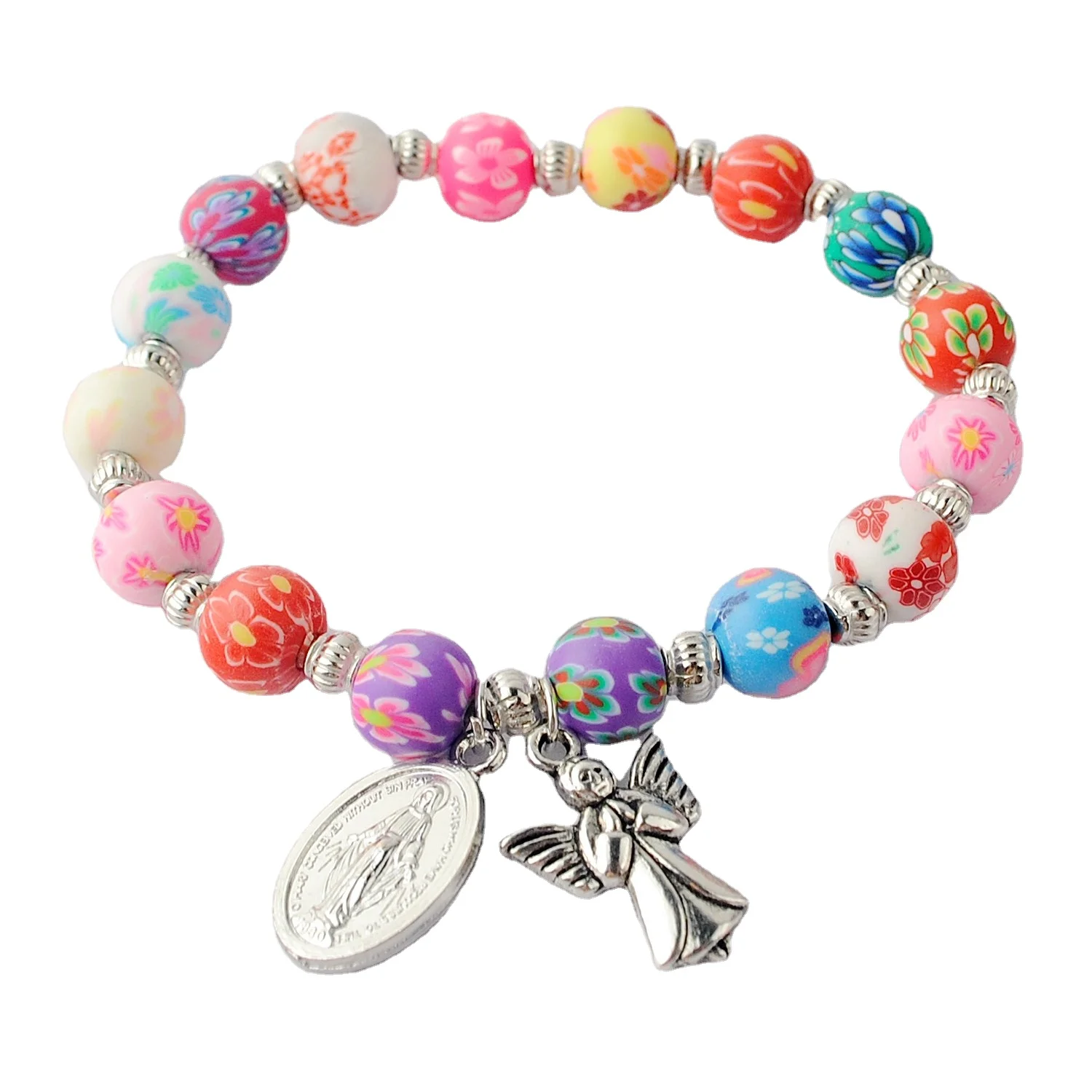 8mm Multicolor Round Beads Catholic Bracelet with Virgin Mary Medal and Angel Pendant Religious Jewelry Bracelets