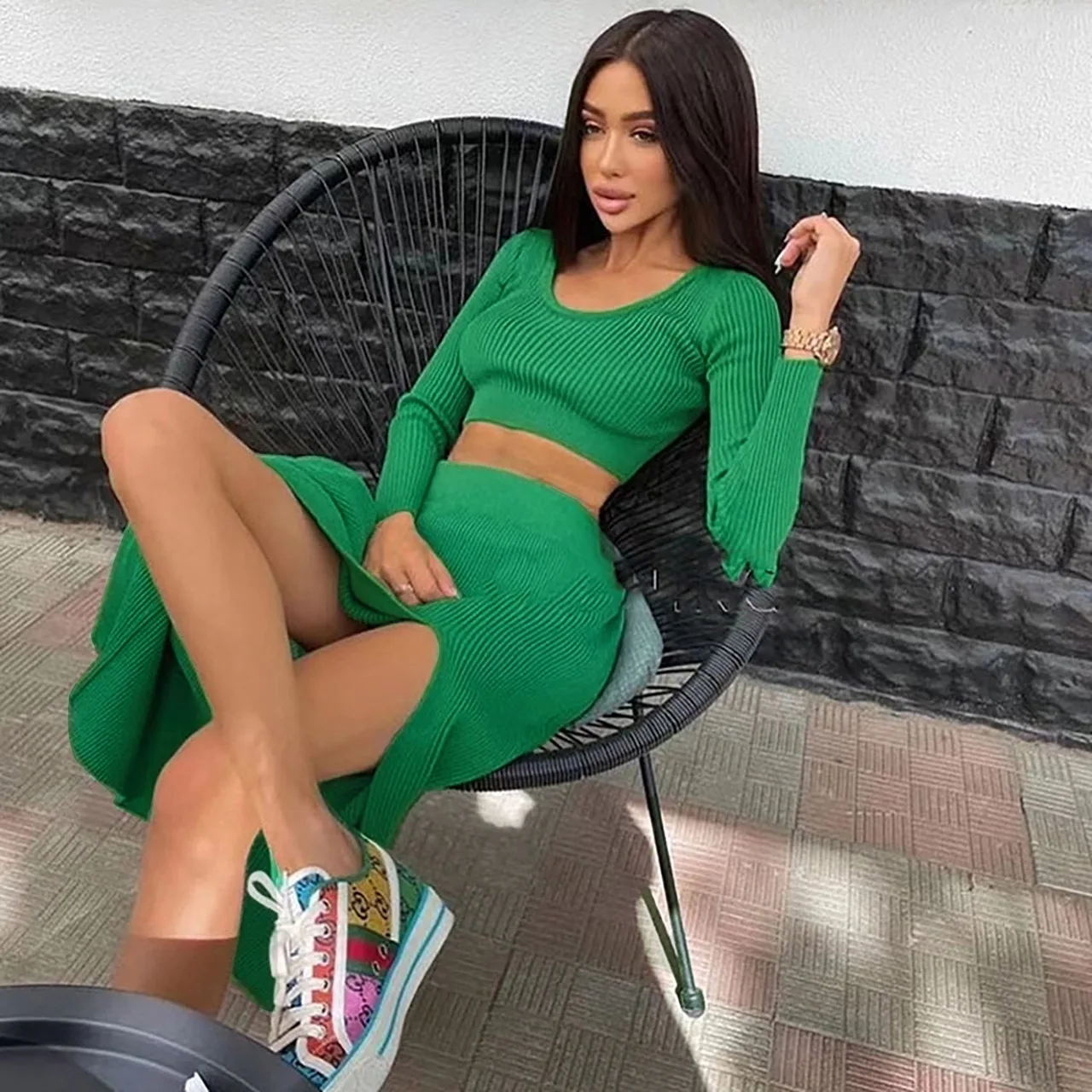 Latest Design Sexy High Split 2 Piece Set Women Dresses Causal Knit Crop Top And Skirt Set 2023 Two Piece Dress Set