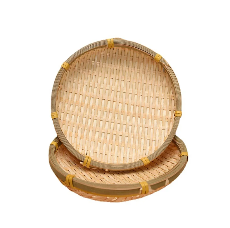 Handwoven Flat Wicker Round Fruit Basket Woven Food Storage Weaved Shallow Tray Organizer Holder Bowl Decorative Rack Display