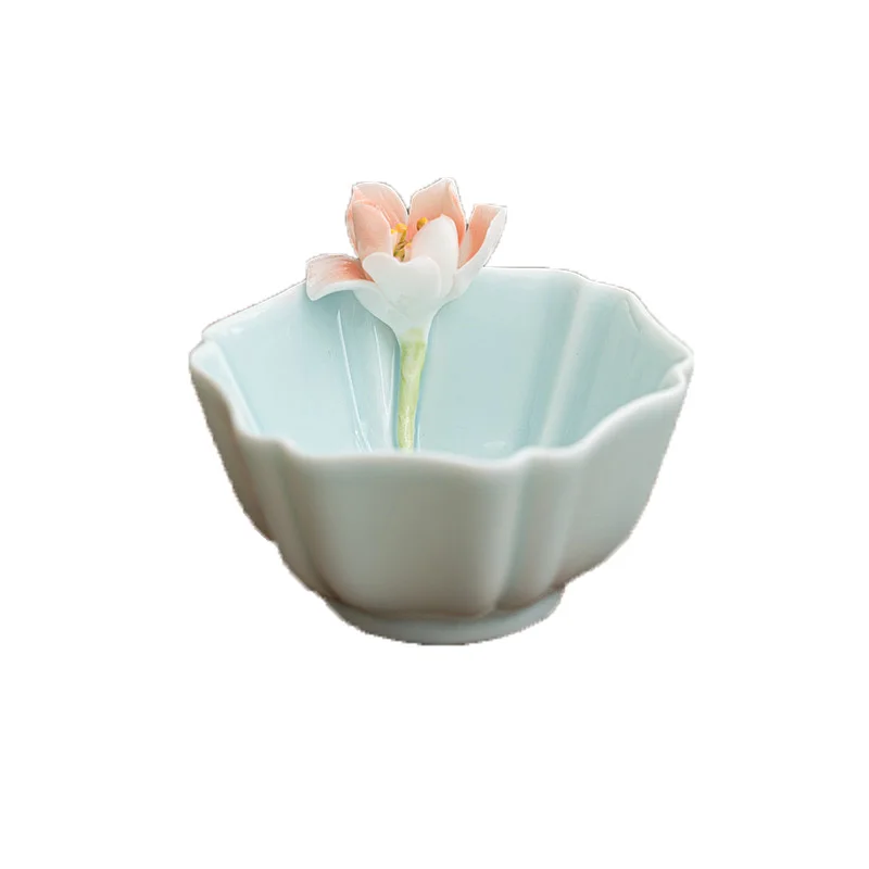 Pink blue Hand Paint Flower Petal 3D Relief ceramic cup