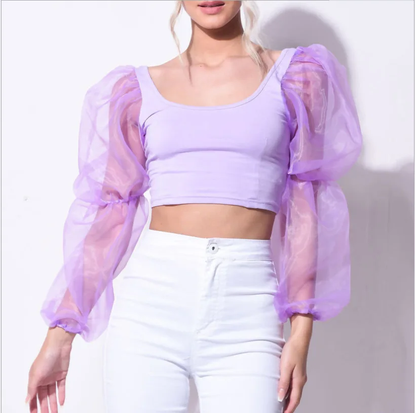 
2021 long puffed sleeves ladies crop top summer blouse women designer white V neck backless women clothing 