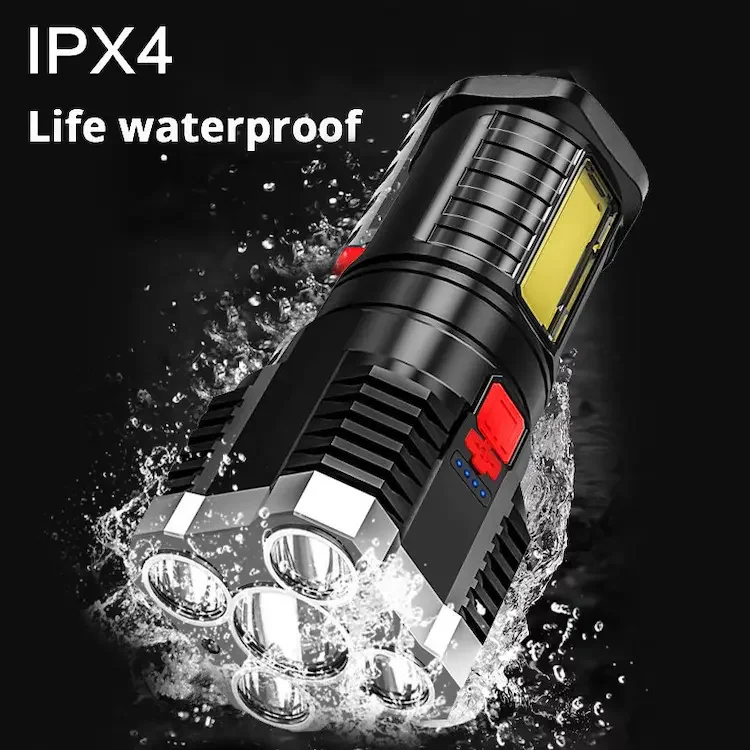 Super Bright 5 LED Flashlight with COB Side Light Spotlight Battery Display USB Charging Portable Torch Lighting Camping 50 PVC