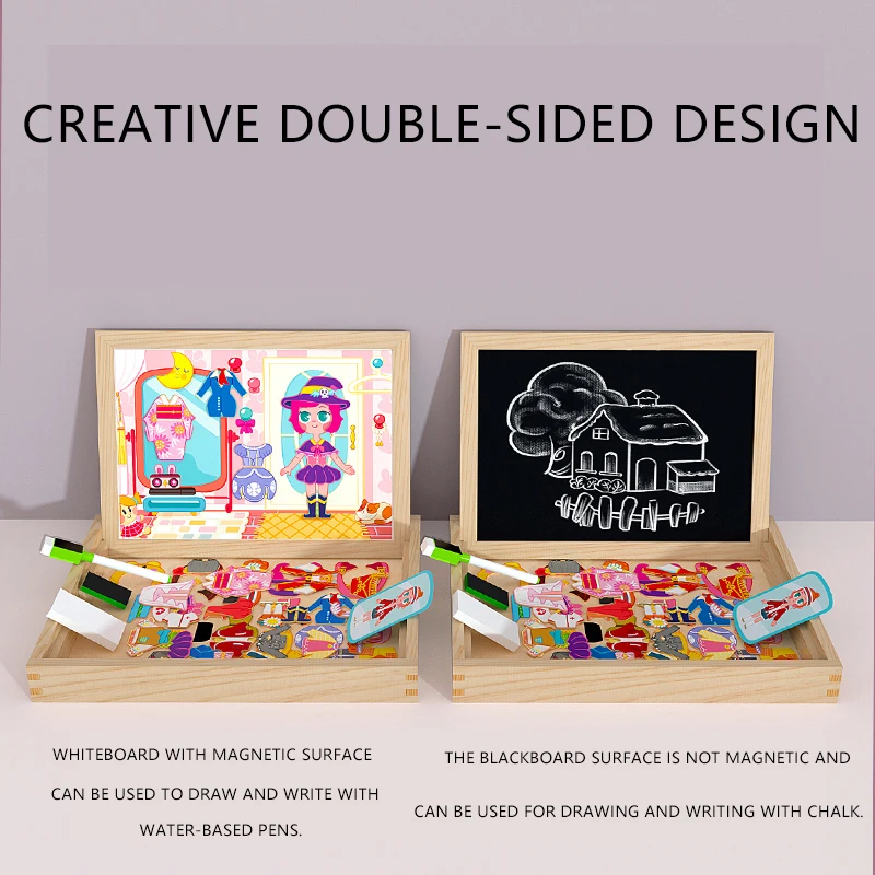 Multi-functional educational Child Wooden Magnetism Cartoon Princess Dress-up Animal Puzzle Double-sided Drawing Board Gift Box