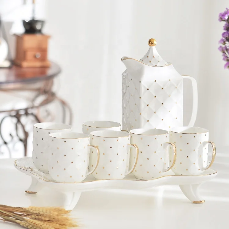 2023 New Hot Sell Gold Rim 8Pcs Porcelain Coffee Tea Sets Luxury With Gold Decor Matcha Ceramic Tea Pot And Cup Set