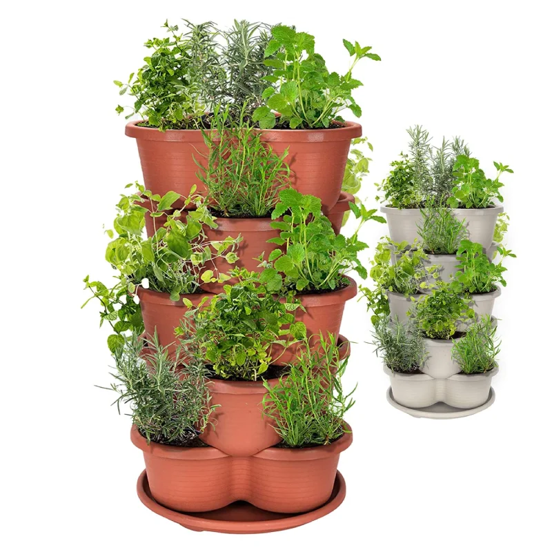 Indoor Outdoor 5 Tier Garden Tower Plastic Herb Planter Pots Self Watering Vertical Garden Planter Stackable Planters