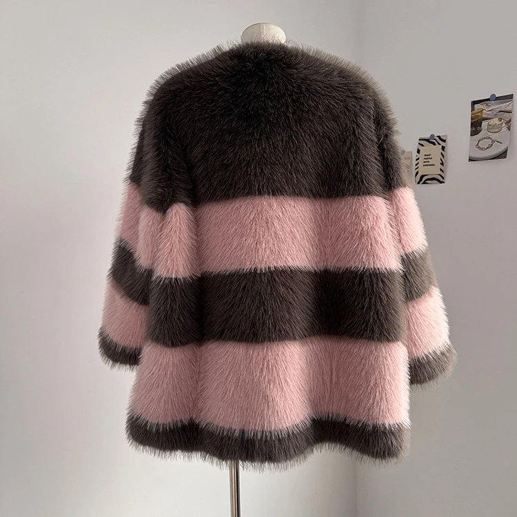 Women Faux Fox Fur Cozy Fluffy 2 Colorway Double Breasted Long Sleeve Crew Neck Faux Fur Casual Fashion Women Fox Fur Coat