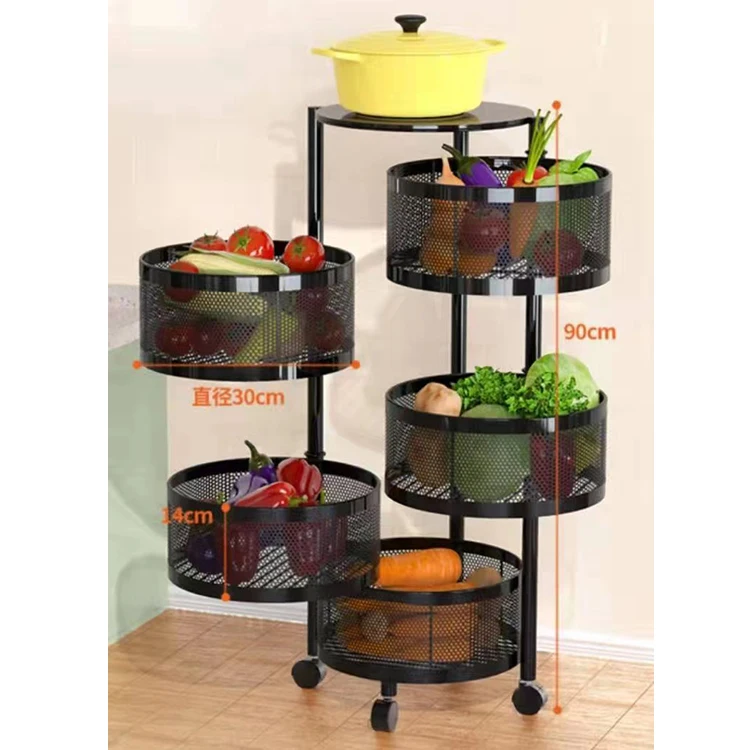 Multi-Layer Carbon Steel Tool Rack Folding Vegetable Fruit Rotatable Storage Basket Trolley Rotating Basket Kitchen Storage Rack